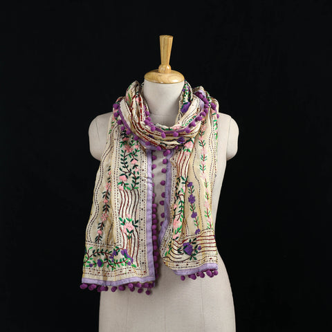Ranihati Chanderi Silk Hand Embroidered Stole with Pom Pom 180