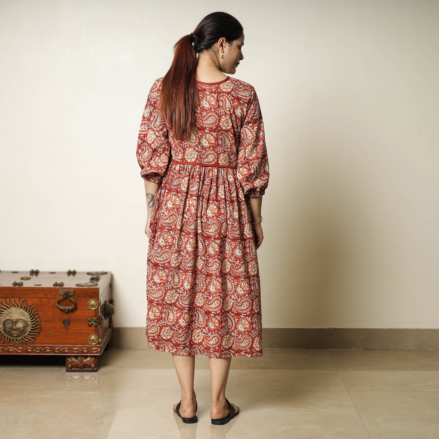 Red - Bagru Block Printed Cotton Flared Dress 17