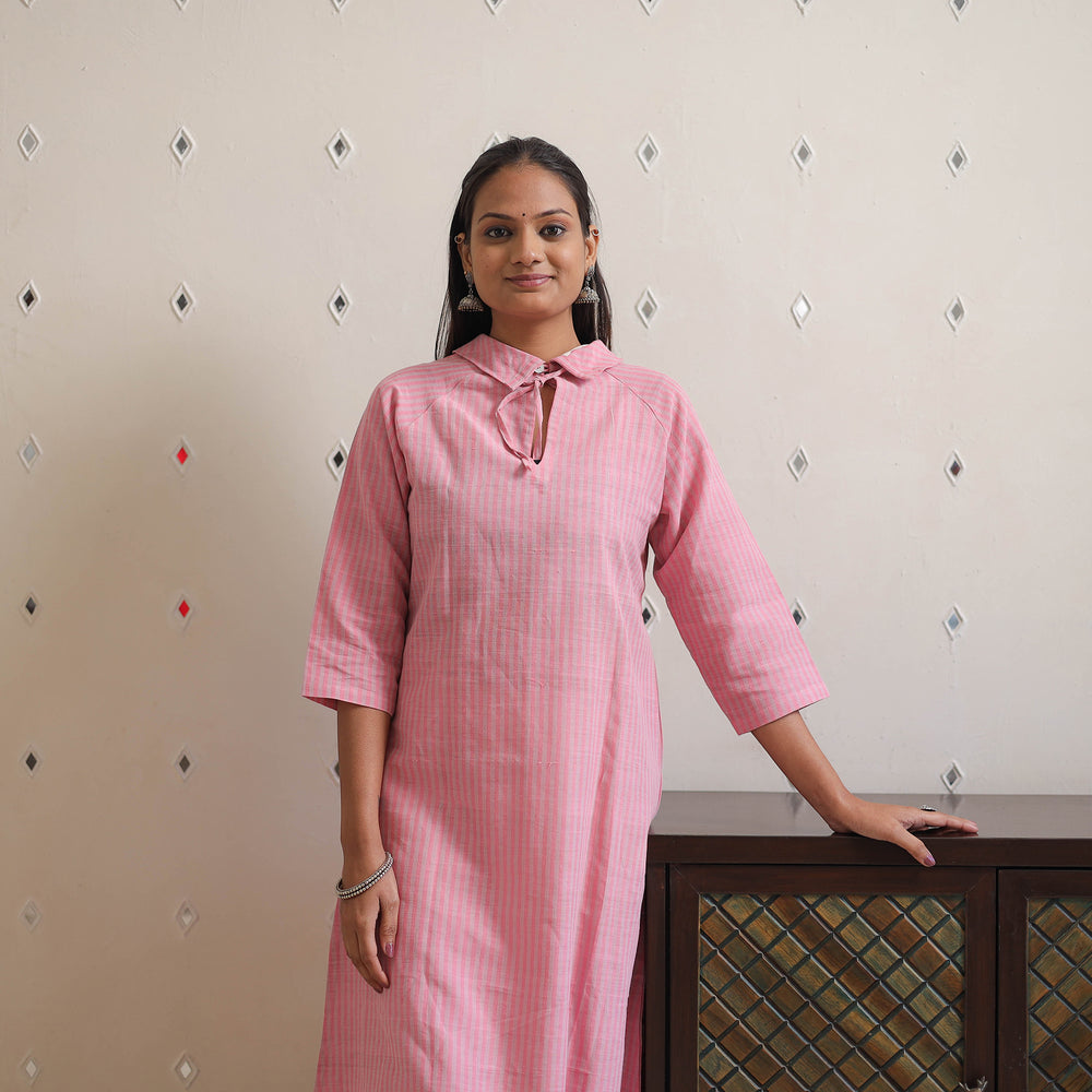 Pink - Handwoven A-Line Stripes Cotton Kurta 20