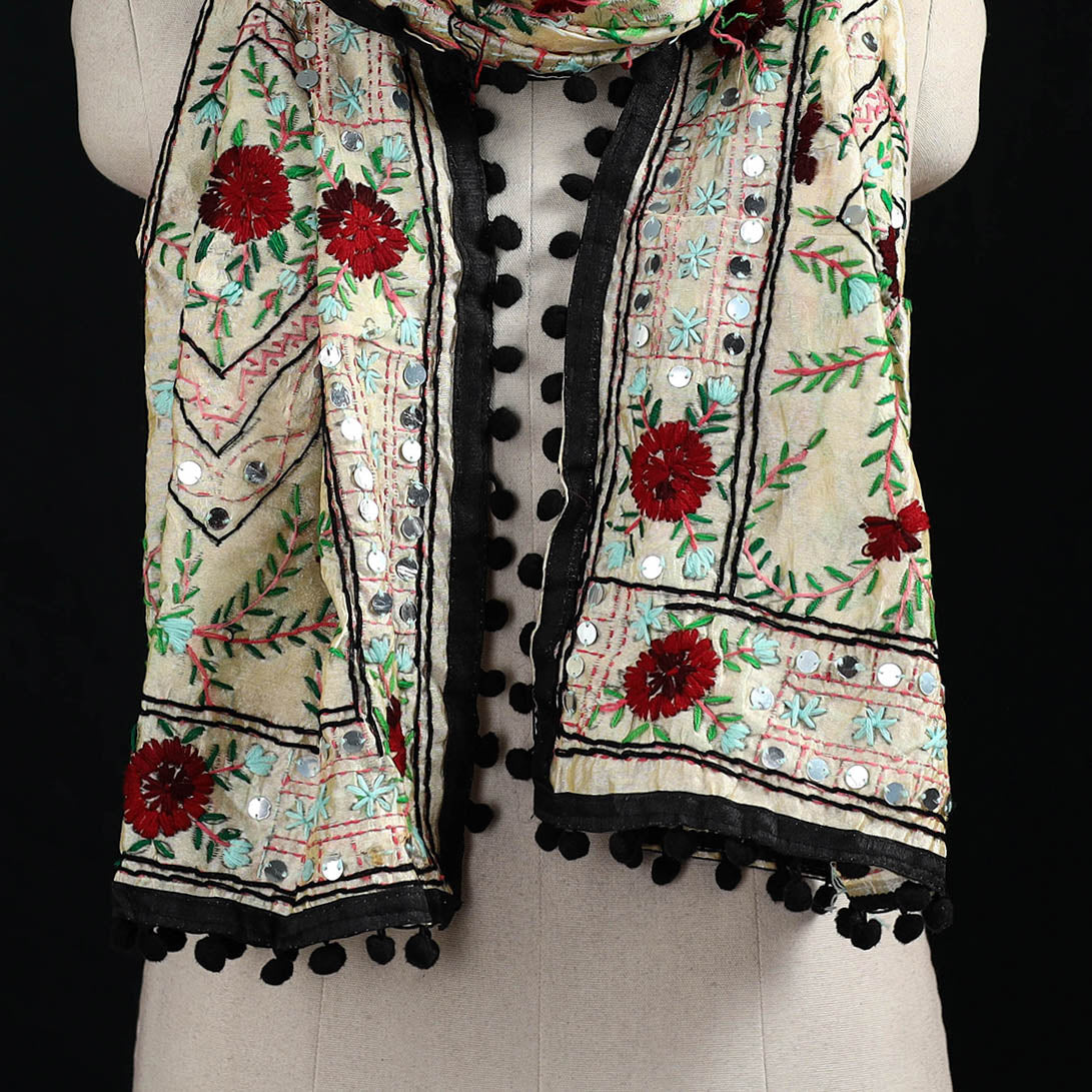 Ranihati Chanderi Silk Hand Embroidered Stole with Pom Pom 181