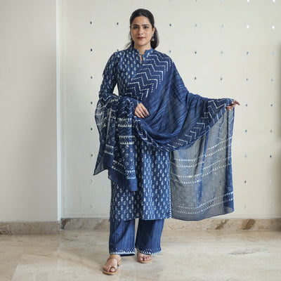 Blue - Hand Block Print Indigo Bagru Cotton Suit Set 01