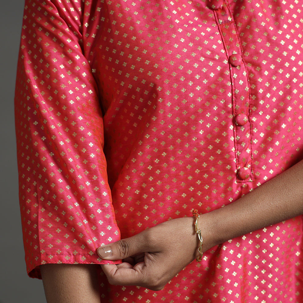 Pink - Elegant Banarasi Brocade Silk Kurta with Pant Set