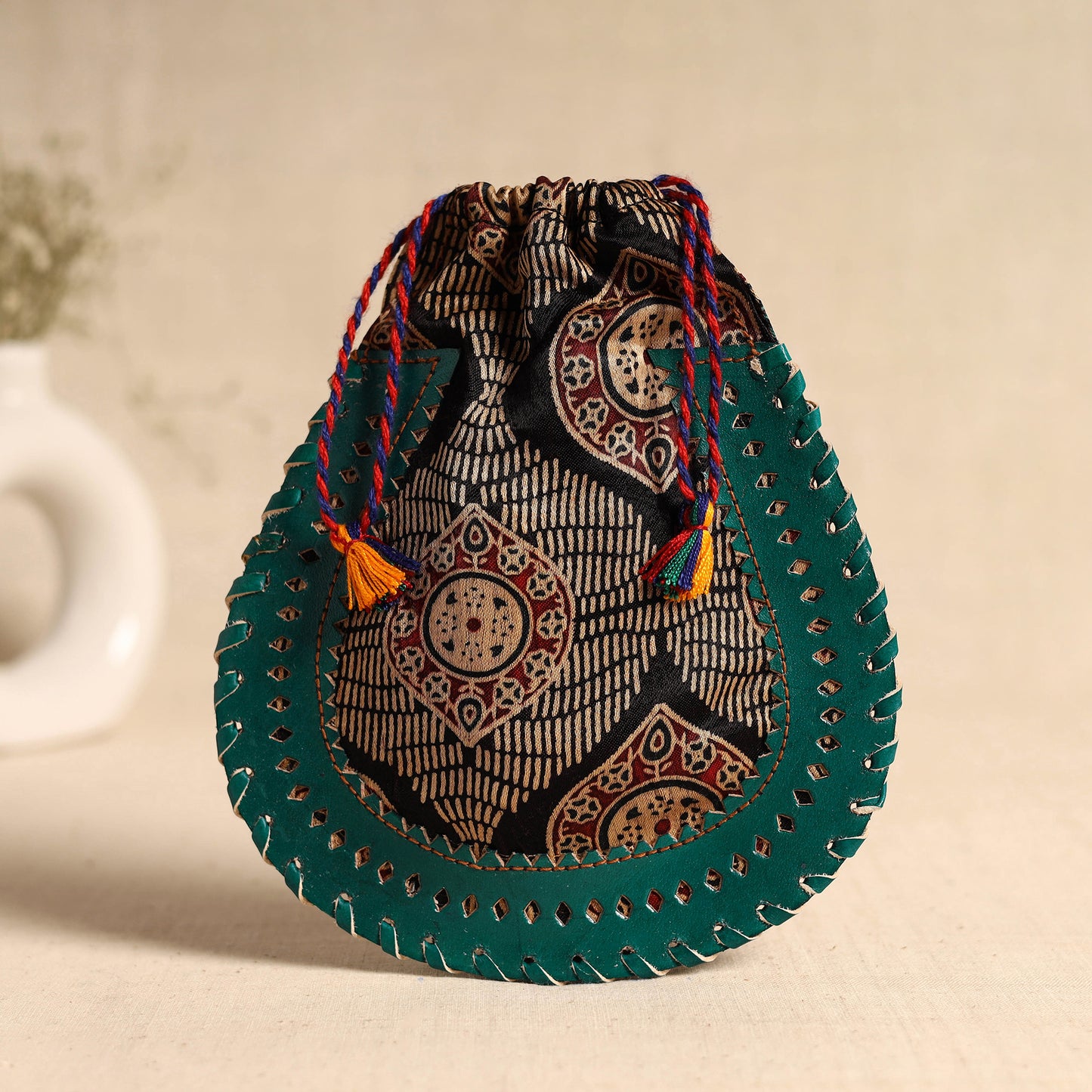 Traditional Kutch Mashru Silk Leather Drawstring Coin Potli 06