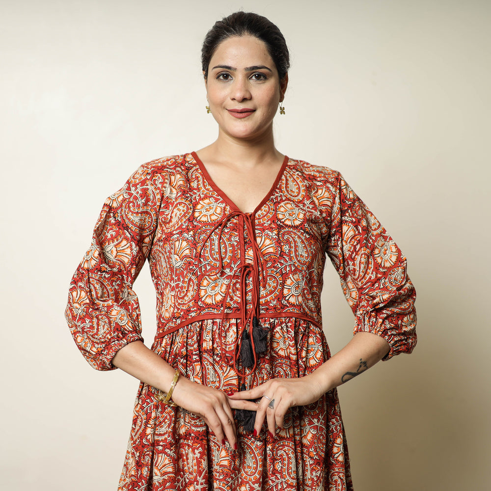 Red - Bagru Block Printed Cotton Flared Dress 17