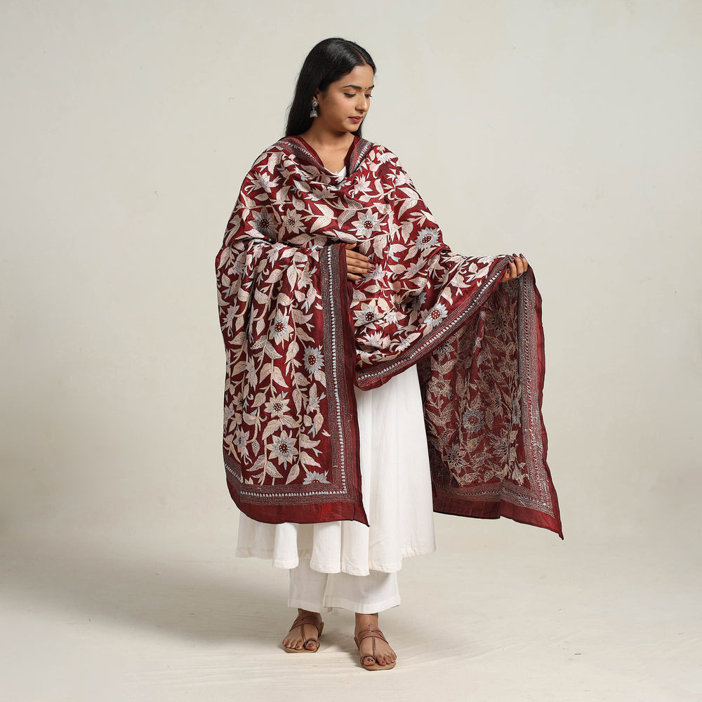 Maroon - Bengal Handloom Silk Kantha Embroidery Dupatta 07