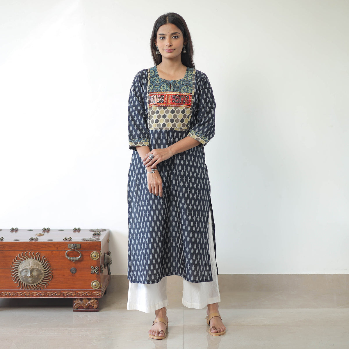 Blue - Mercerised Cotton Pochampally Ikat Kurta (Straight) 07