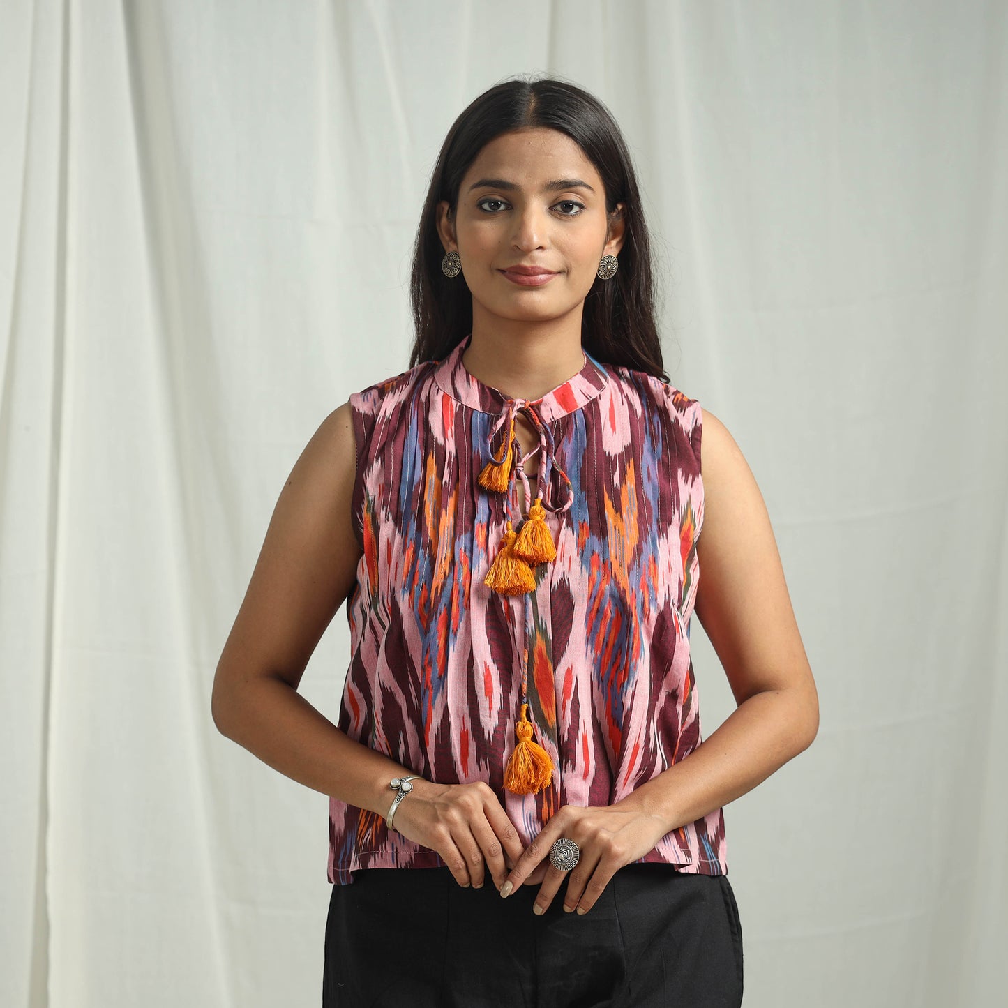 Pink - Handloom Cotton Central Asian Pochampally Ikat Crop Top 05