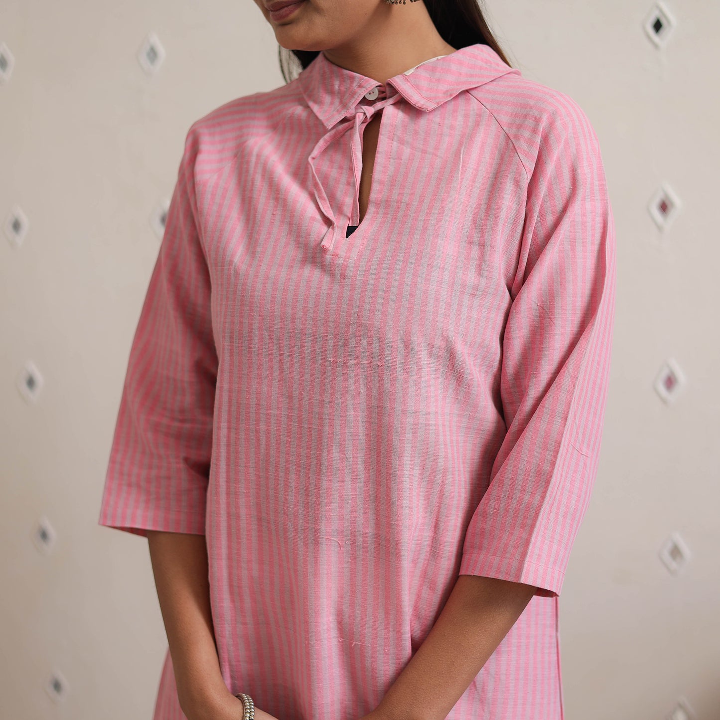 Pink - Handwoven A-Line Stripes Cotton Kurta 20