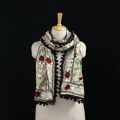 Ranihati Chanderi Silk Hand Embroidered Stole with Pom Pom 181