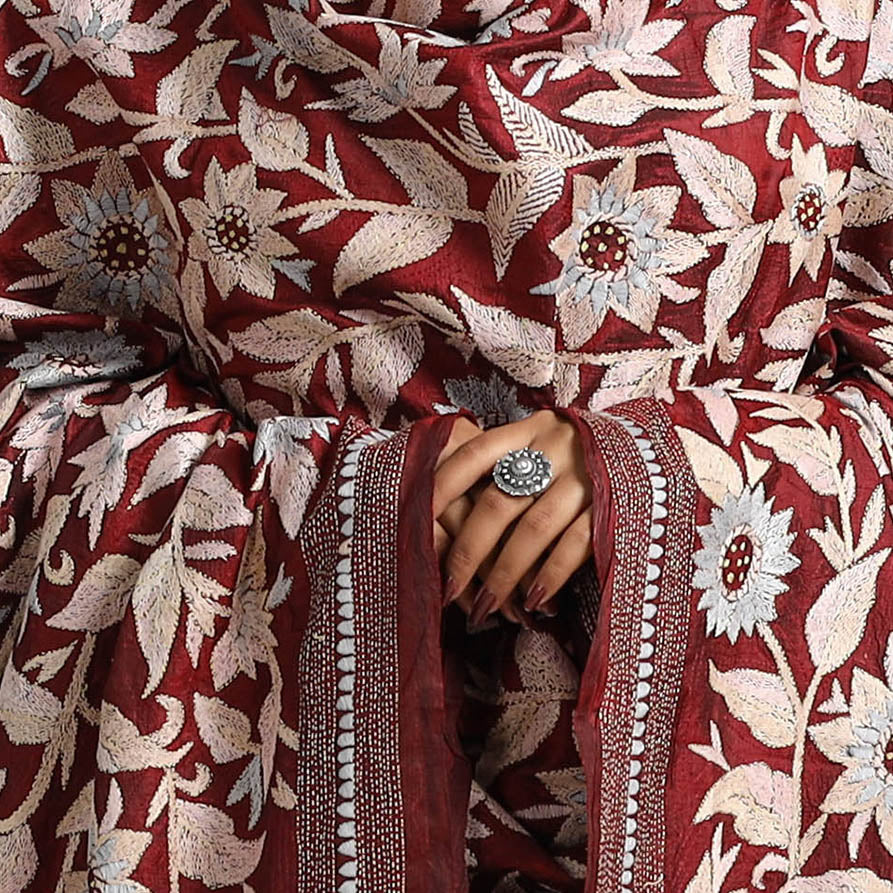 Maroon - Bengal Handloom Silk Kantha Embroidery Dupatta 07