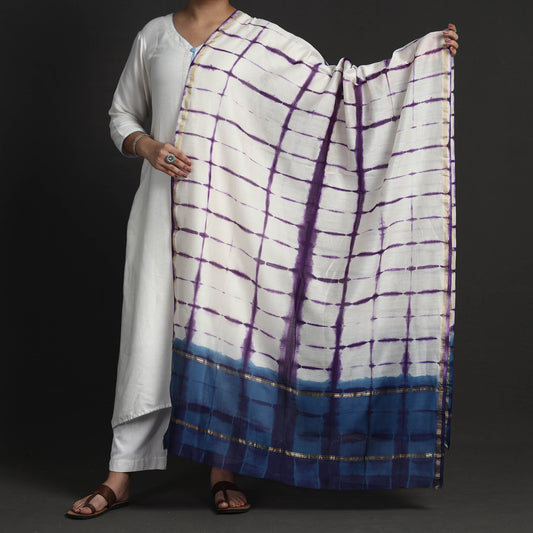 White - Exclusive!! Handloom Shibori Tie-Dye Chanderi Silk Dupatta with Zari Border