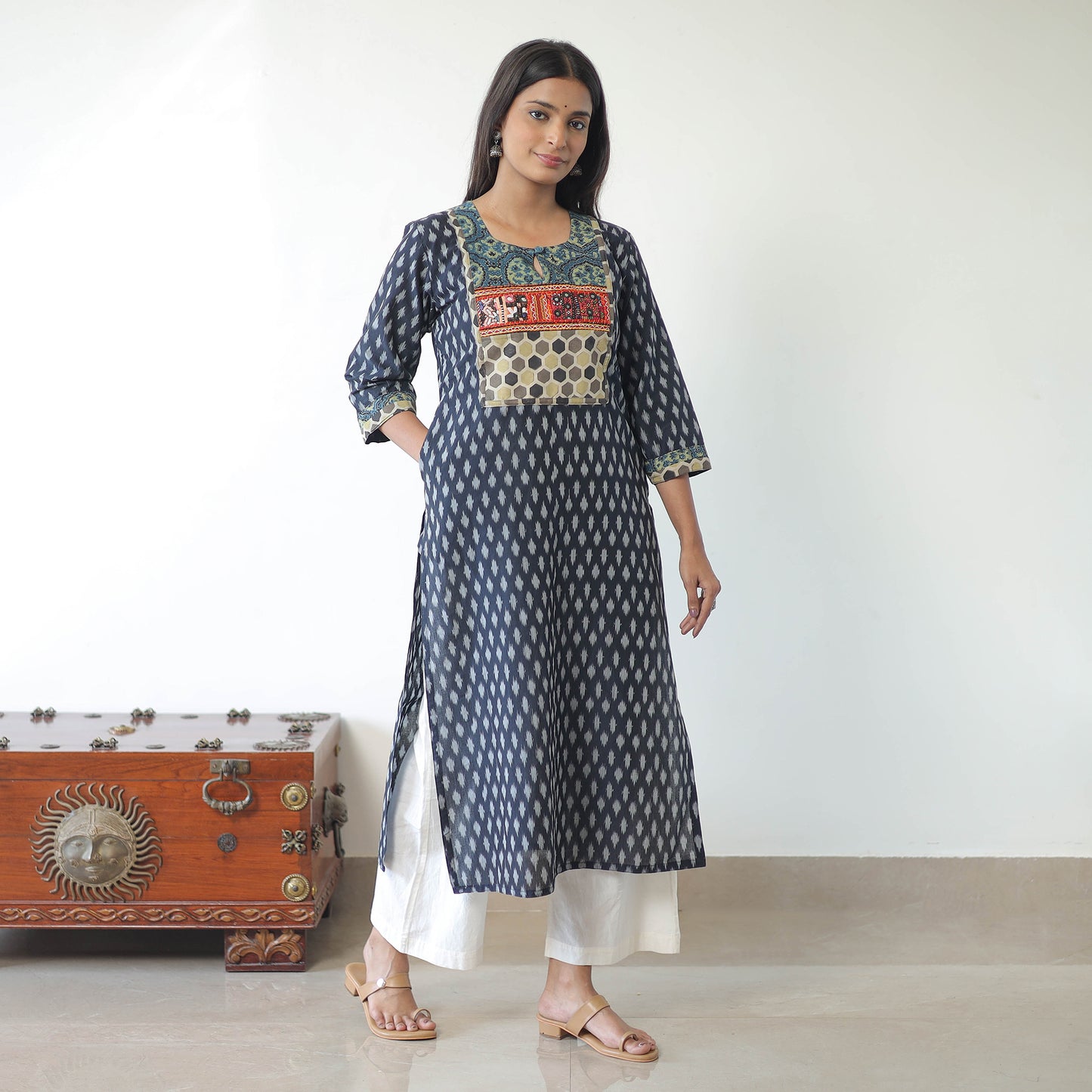 Blue - Mercerised Cotton Pochampally Ikat Kurta (Straight) 07