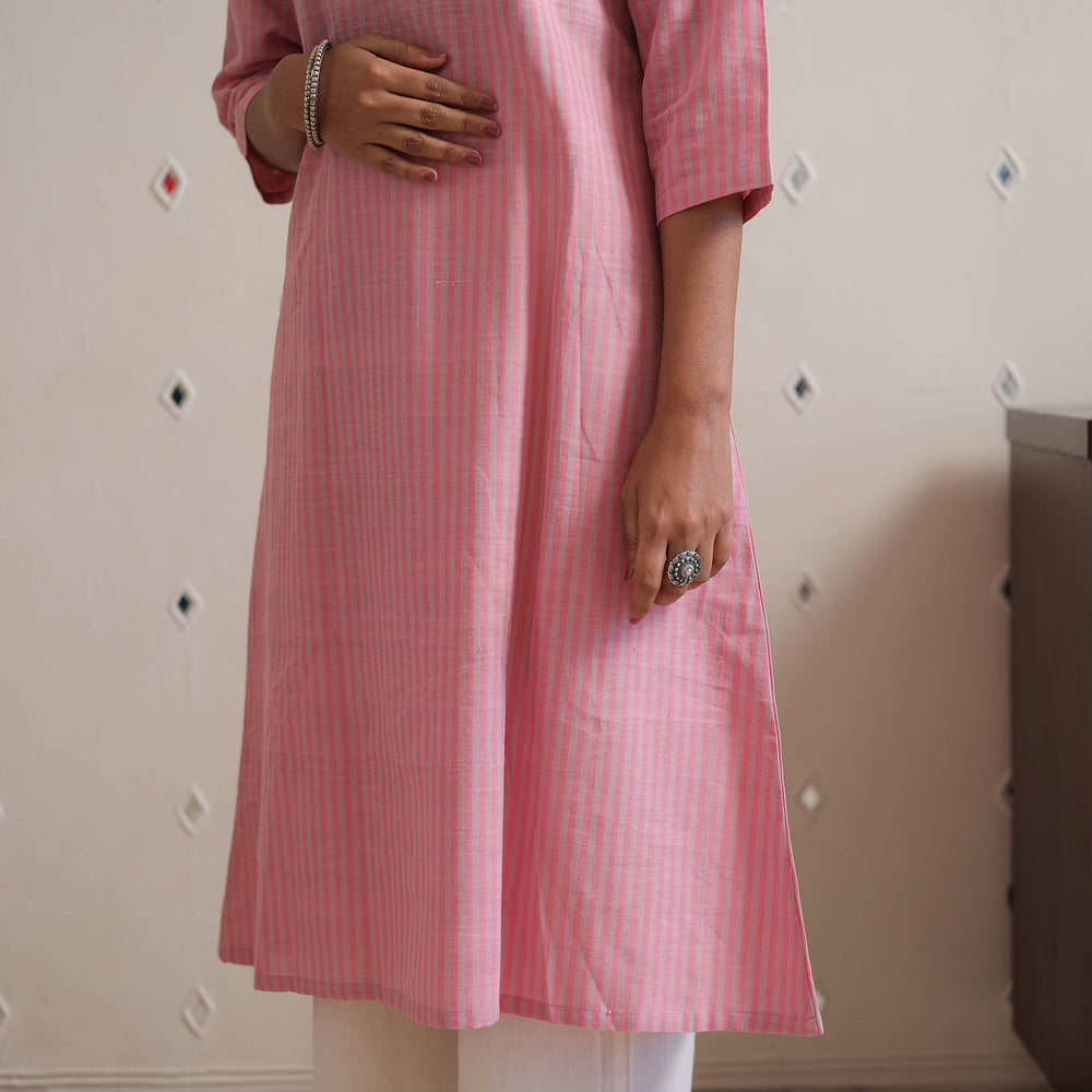 Pink - Handwoven A-Line Stripes Cotton Kurta 20