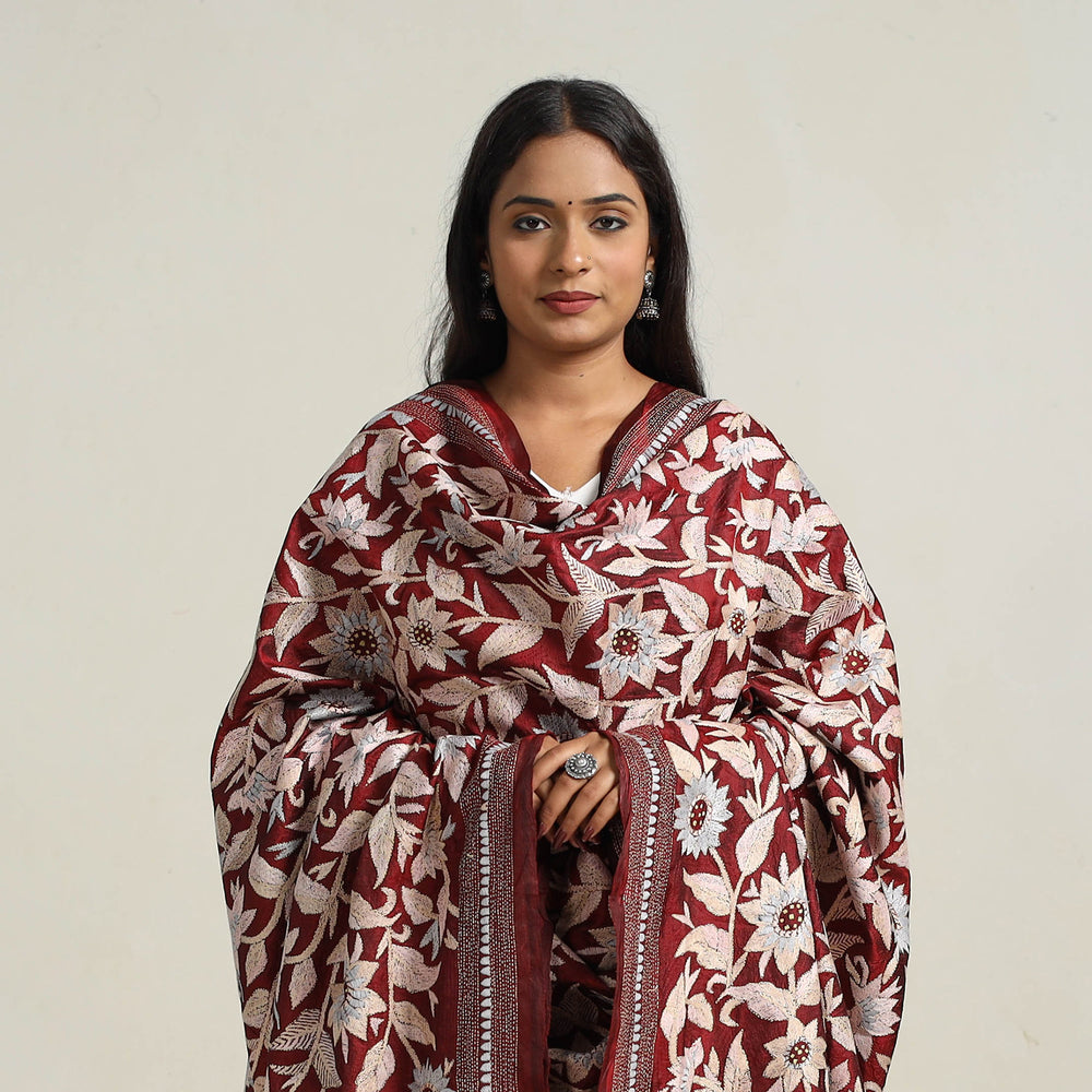 Maroon - Bengal Handloom Silk Kantha Embroidery Dupatta 07