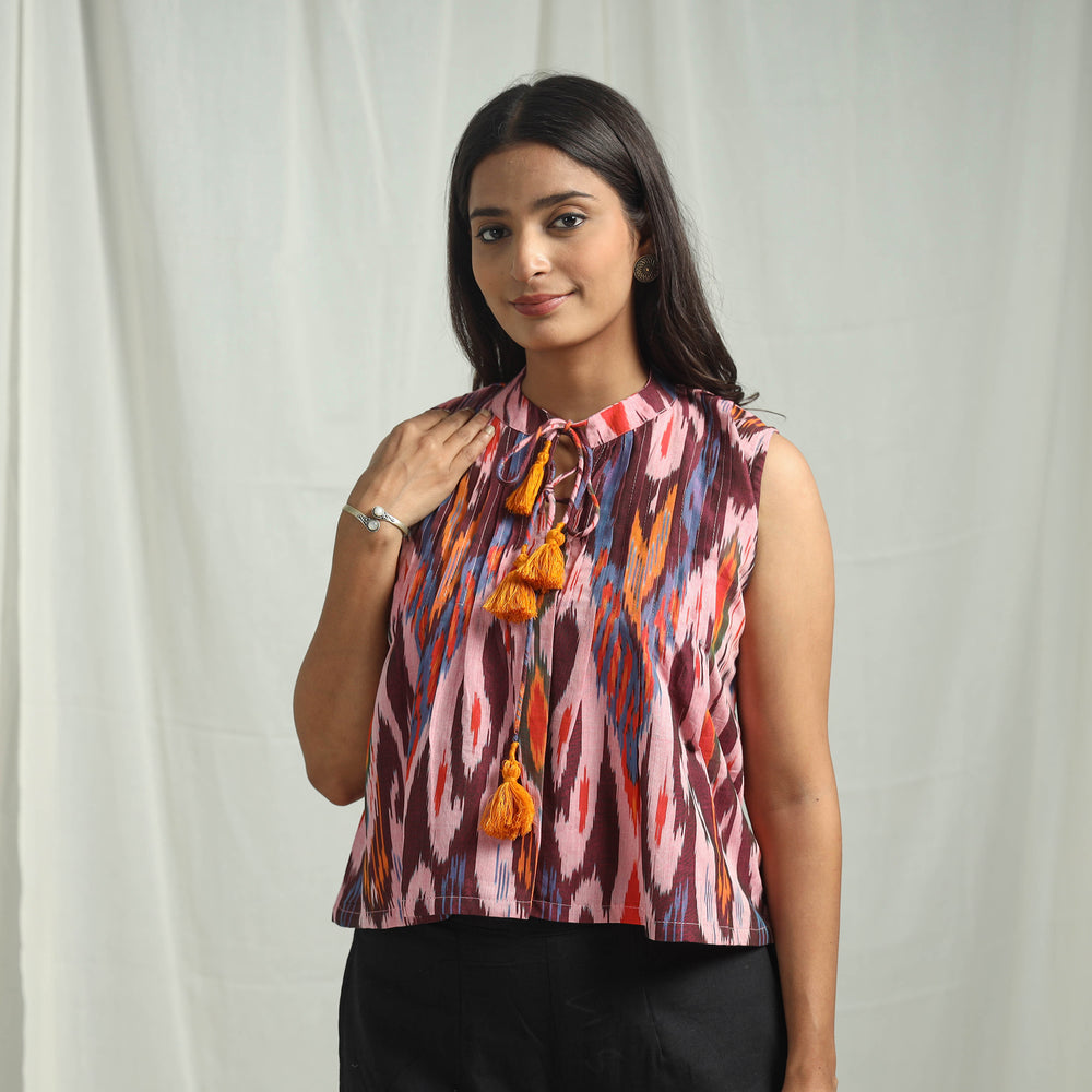 Pink - Handloom Cotton Central Asian Pochampally Ikat Crop Top 05