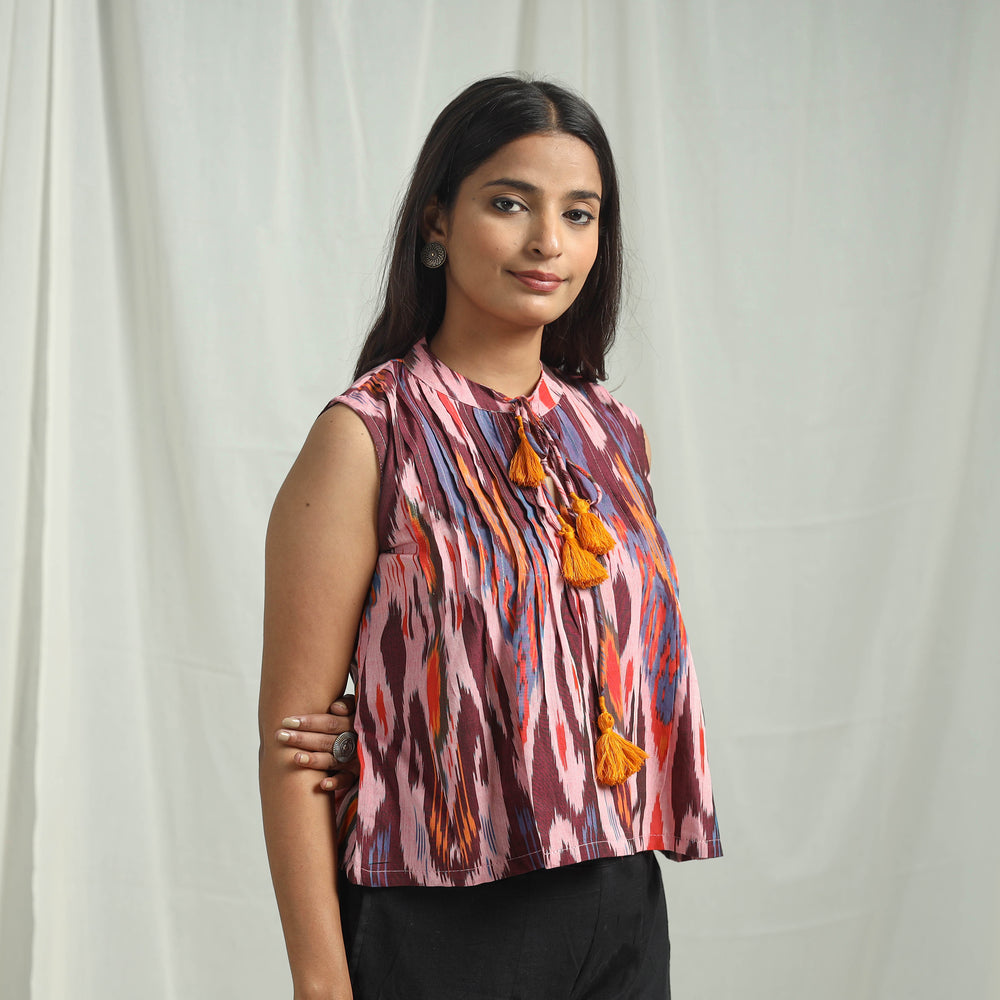 Pink - Handloom Cotton Central Asian Pochampally Ikat Crop Top 05