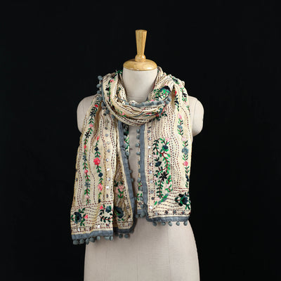 Ranihati Chanderi Silk Hand Embroidered Stole with Pom Pom 183