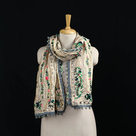 Ranihati Chanderi Silk Hand Embroidered Stole with Pom Pom 183