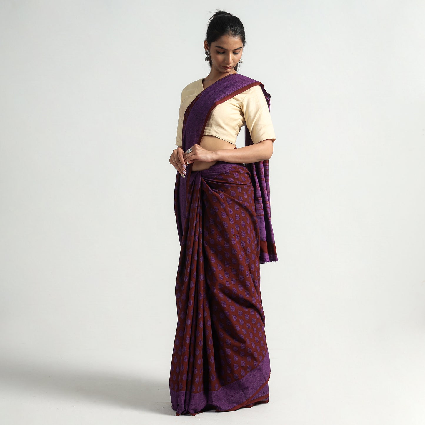 Purple - Bagh Hand Block Printed Natural Dyed Cotton Saree