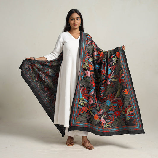 Black - Bengal Handloom Silk Kantha Embroidery Dupatta 08