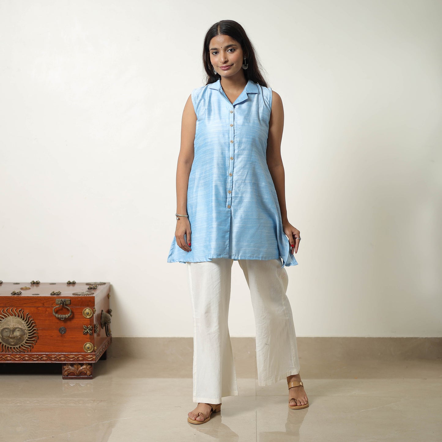 Shuchi Light Blue Slub Silk Short Plain Kurta