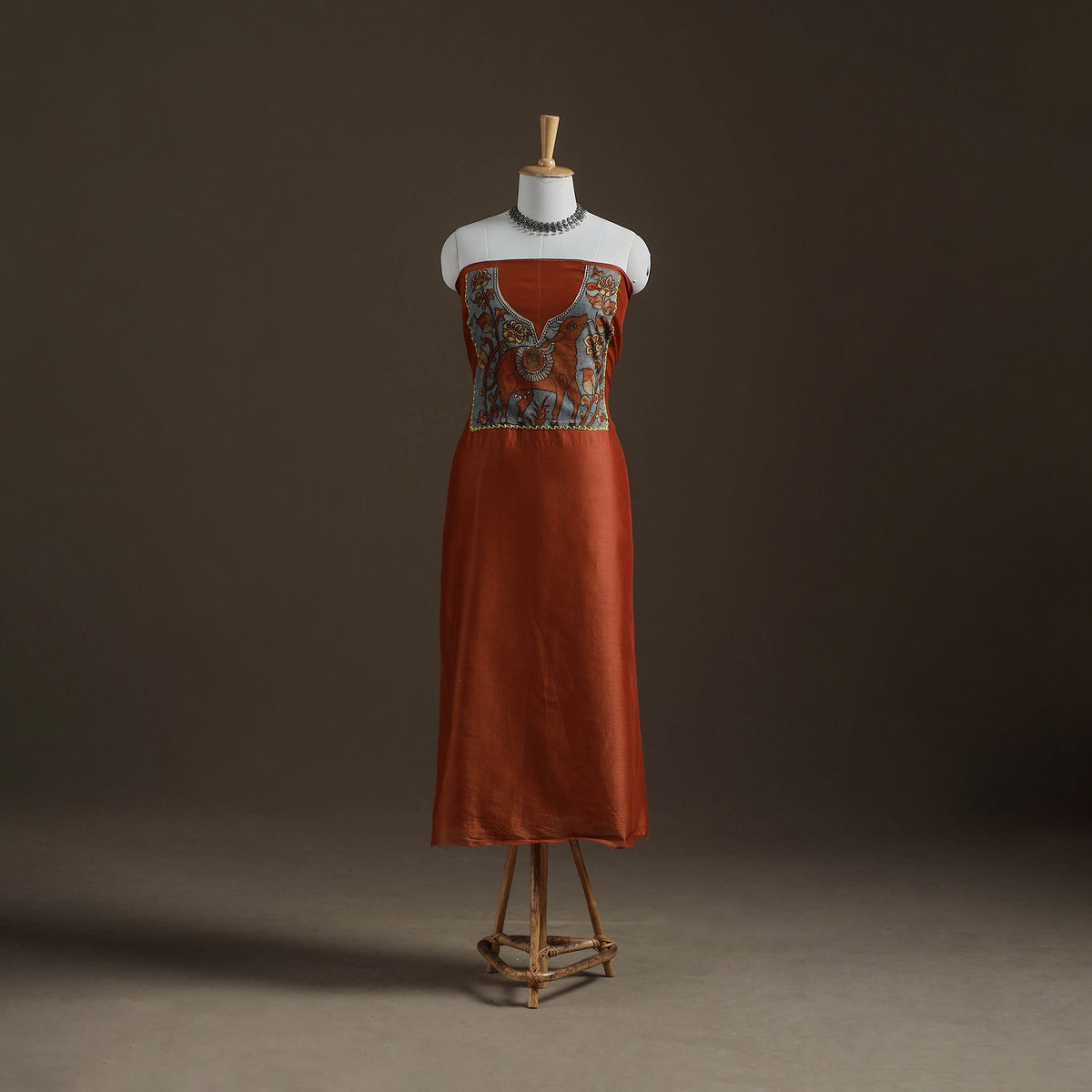 Orange - Handpainted Srikalahasti Handloom Chanderi Silk Unstitched Kurta (2.3M) 10