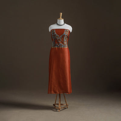 Orange - Handpainted Srikalahasti Handloom Chanderi Silk Unstitched Kurta (2.3M) 10