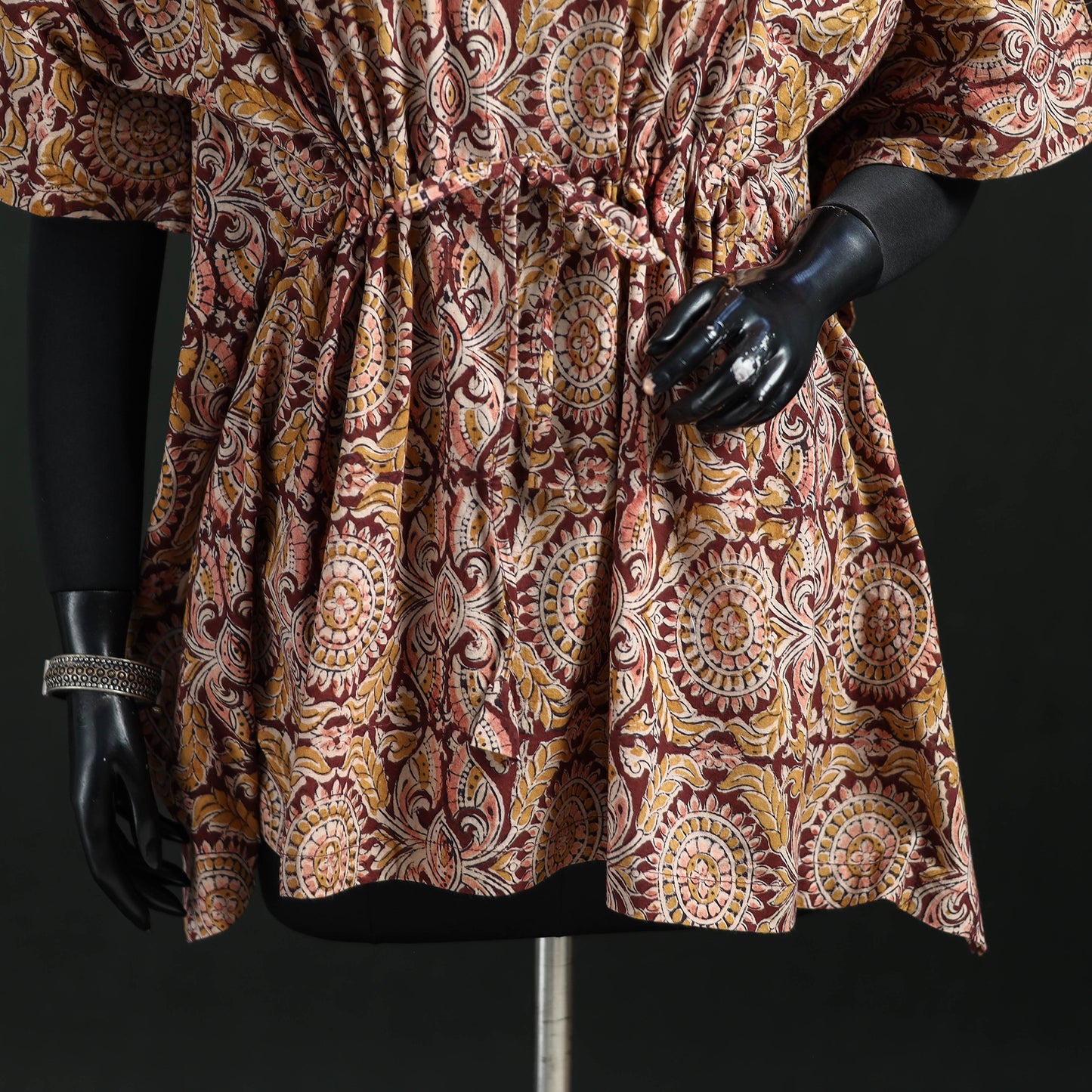 Brown - Kalamkari Hand Block Print Natural Dyed Cotton Kaftan (Short) 21