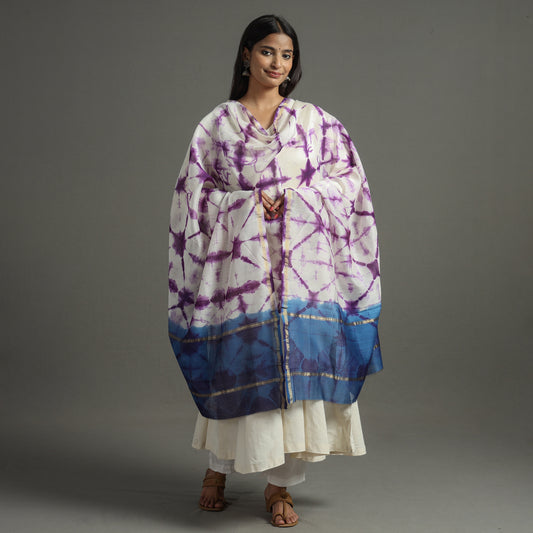 Purple - Shibori Tie-Dye Handloom Chanderi Silk Dupatta with Zari Border 53