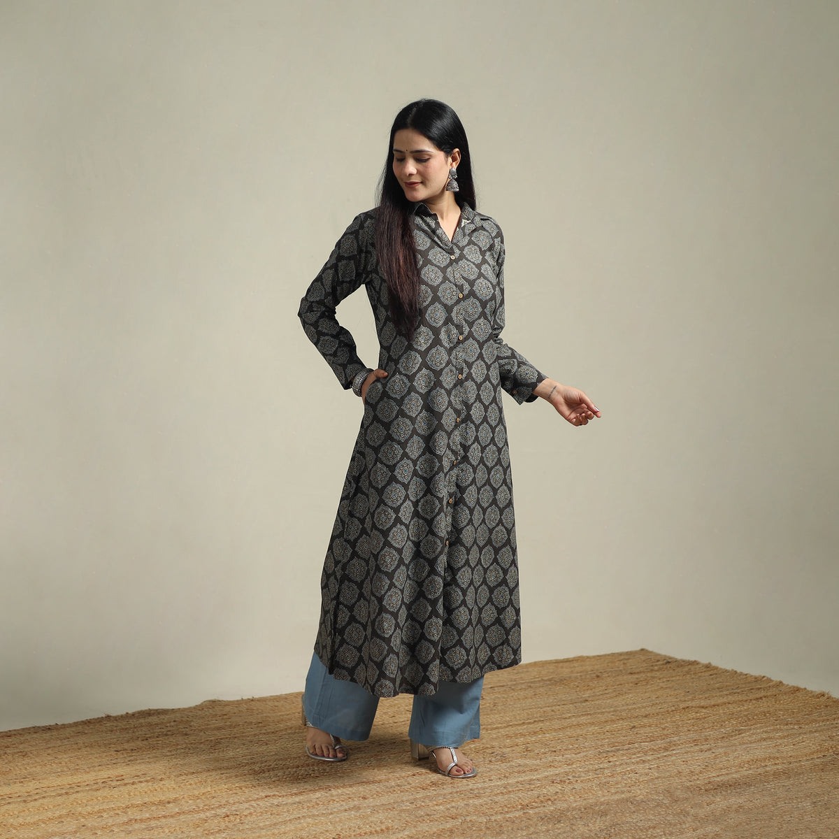 Ajrakh hand block print natural dyed cotton button down a-line long kurta for women
