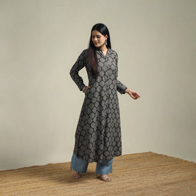 Ajrakh hand block print natural dyed cotton button down a-line long kurta for women