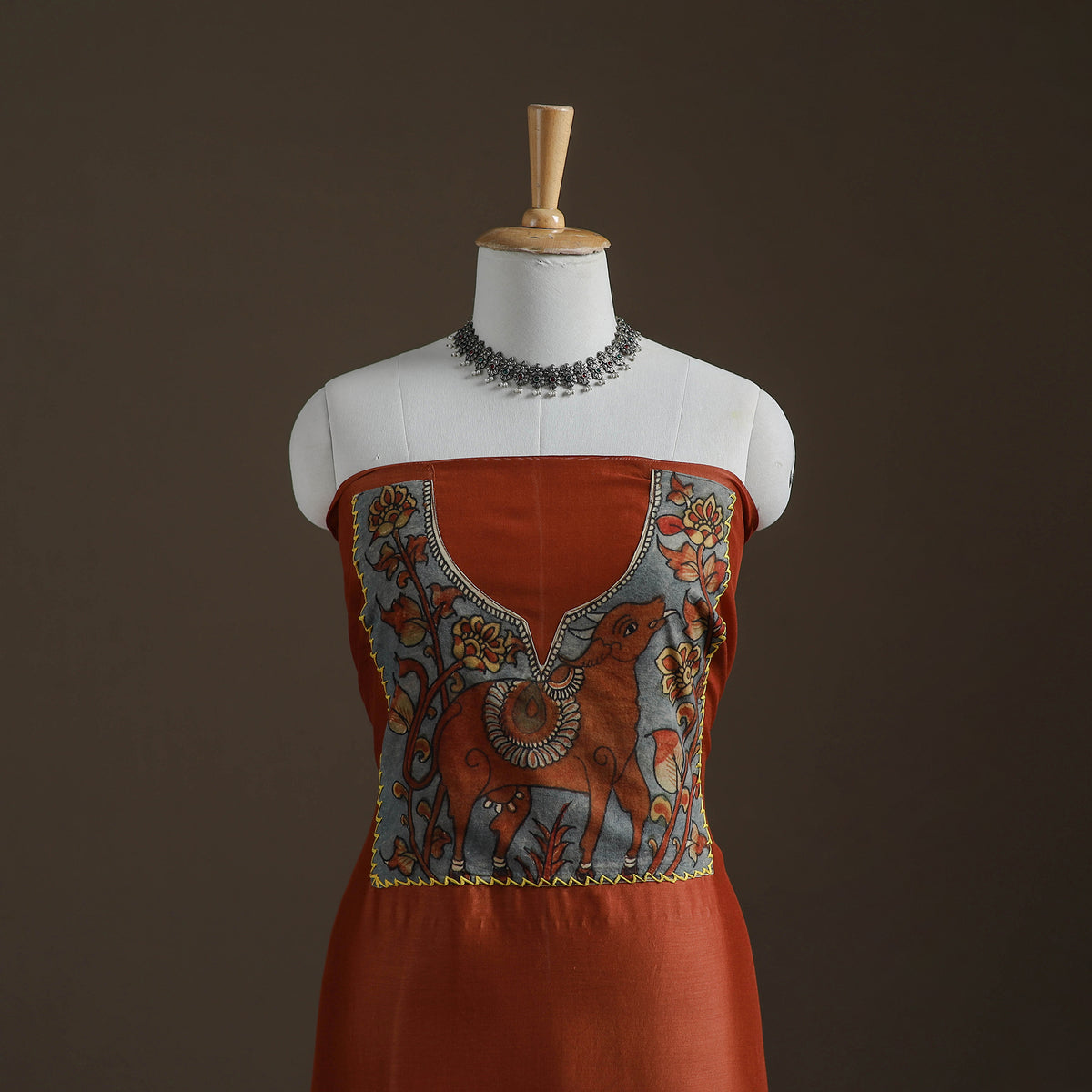 Orange - Handpainted Srikalahasti Handloom Chanderi Silk Unstitched Kurta (2.3M) 10