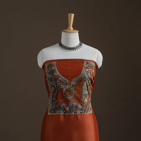 Orange - Handpainted Srikalahasti Handloom Chanderi Silk Unstitched Kurta (2.3M) 10