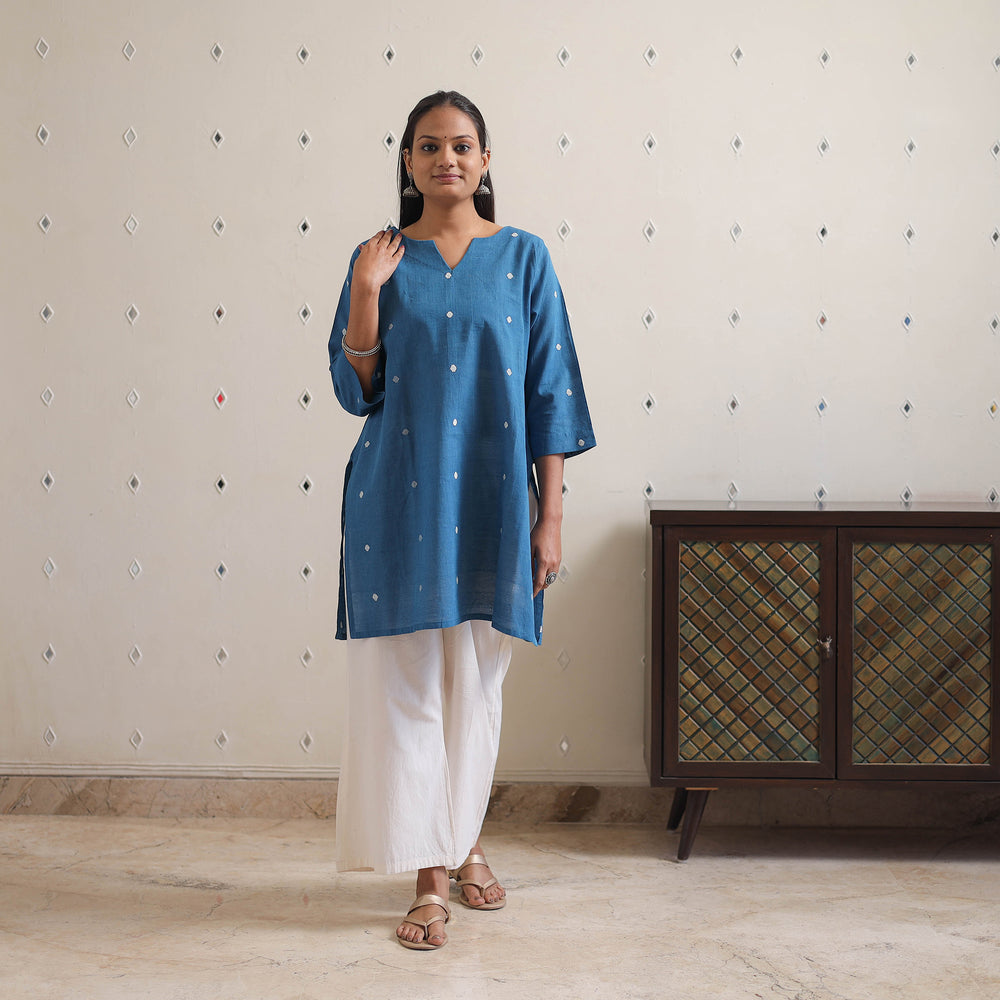 Blue - Handwoven Cotton Short Jamdani Kurta 28