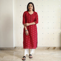 Red - Polka Zari Buti Spun Dupion Silk Long Straight Kurta 02