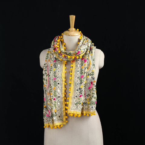 Ranihati Chanderi Silk Hand Embroidered Stole with Pom Pom 184