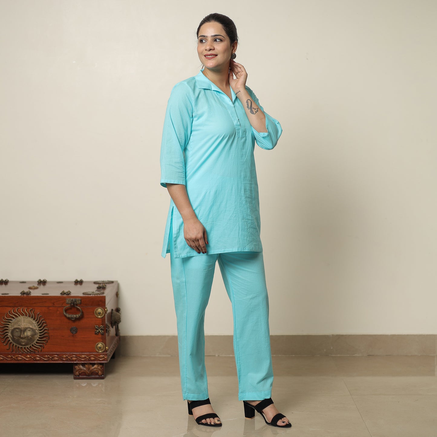 Blue - Plain Dyed Cotton Co-Ord Set 15