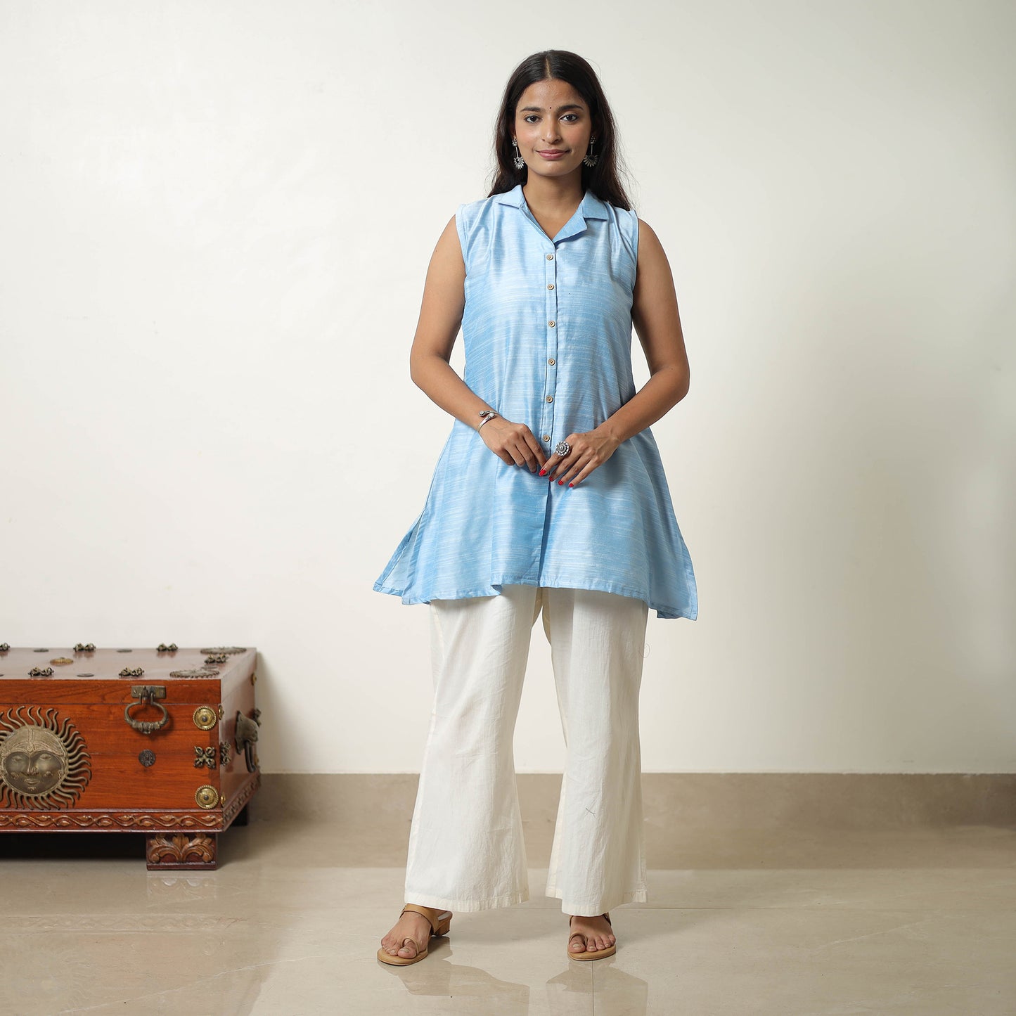 Shuchi Light Blue Slub Silk Short Plain Kurta