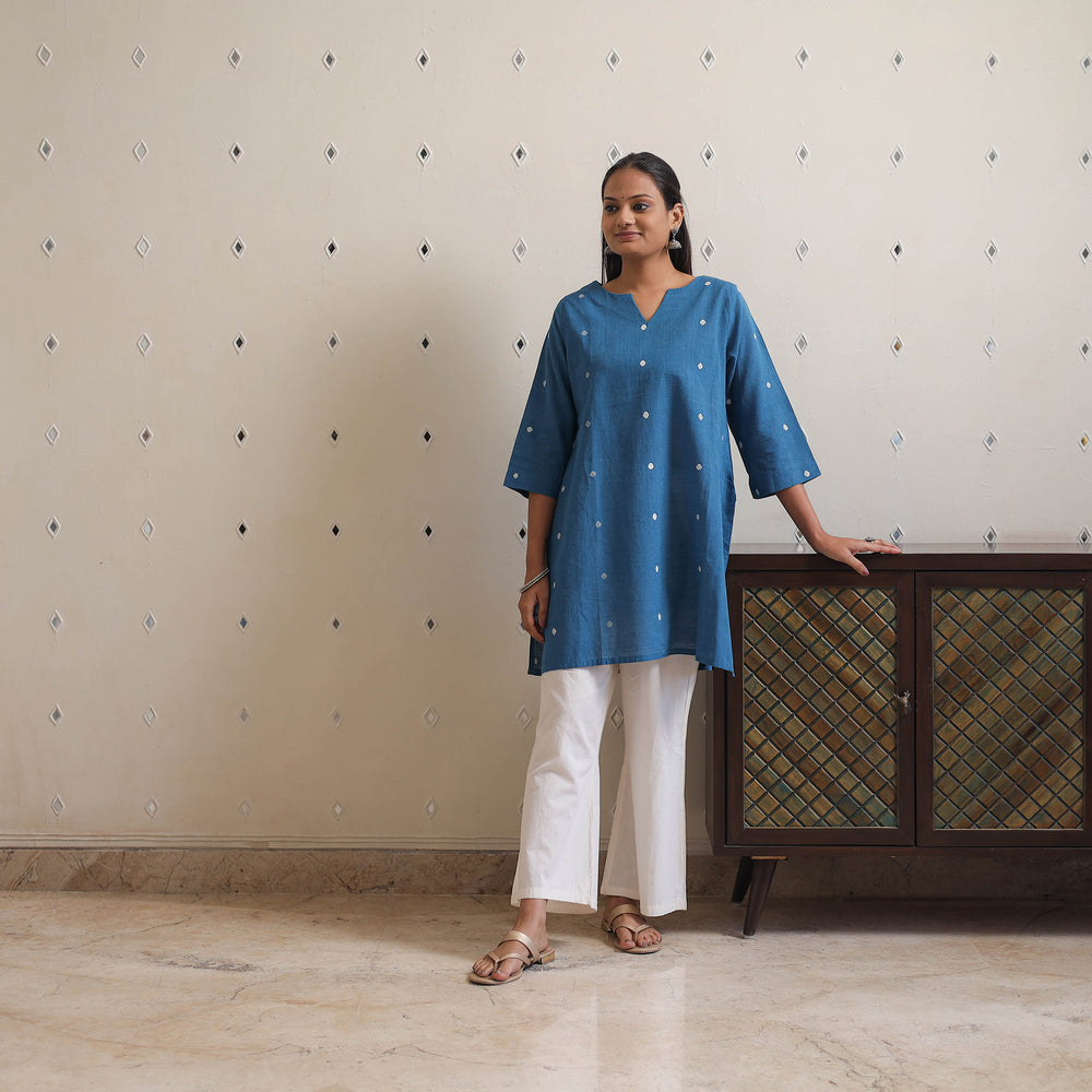 Blue - Handwoven Cotton Short Jamdani Kurta 28