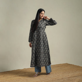 Ajrakh hand block print natural dyed cotton button down a-line long kurta for women