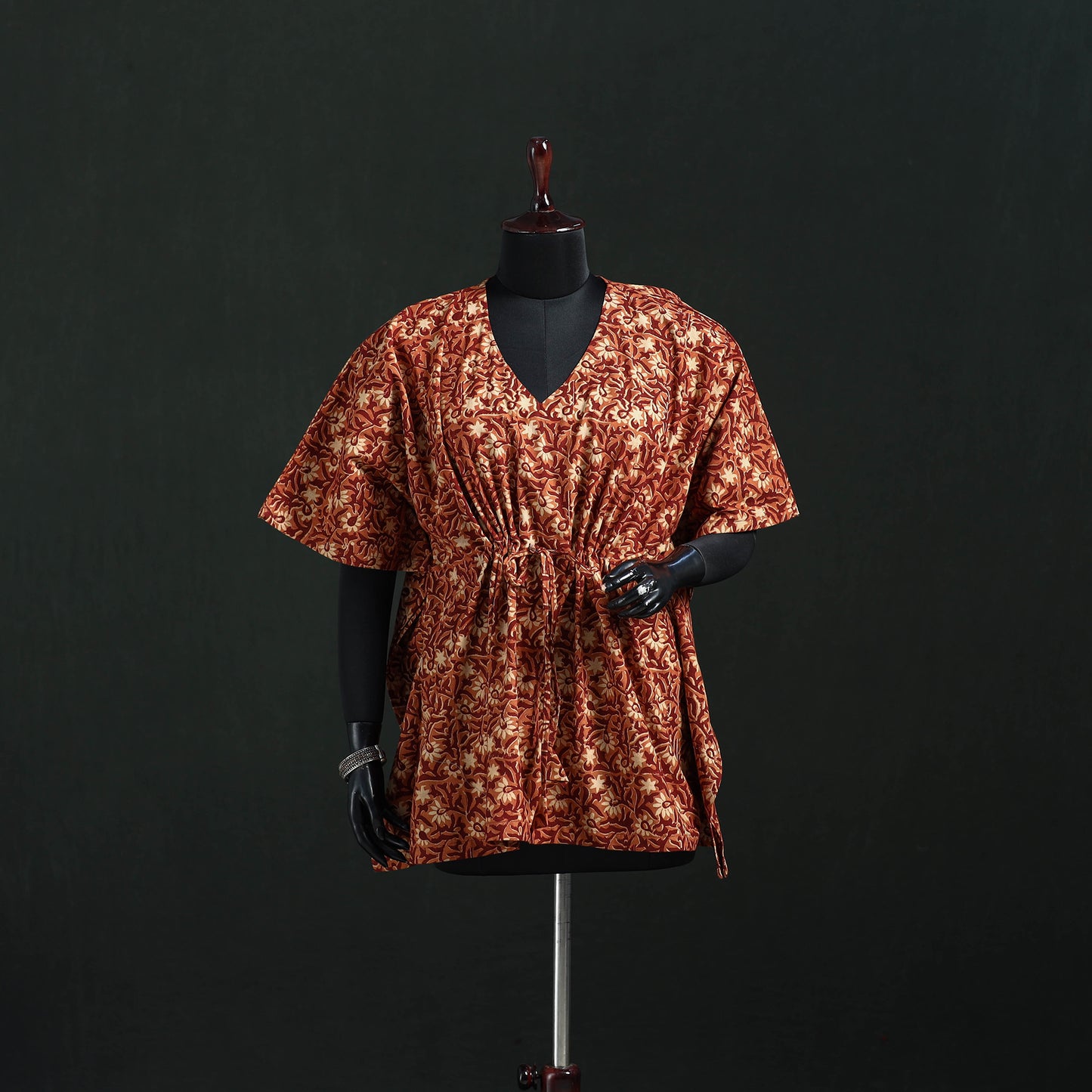 Maroon - Kalamkari Hand Block Print Natural Dyed Cotton Kaftan (Short) 22