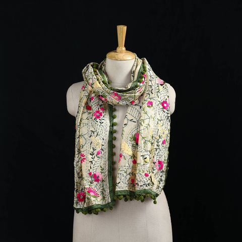 Ranihati Chanderi Silk Hand Embroidered Stole with Pom Pom 185