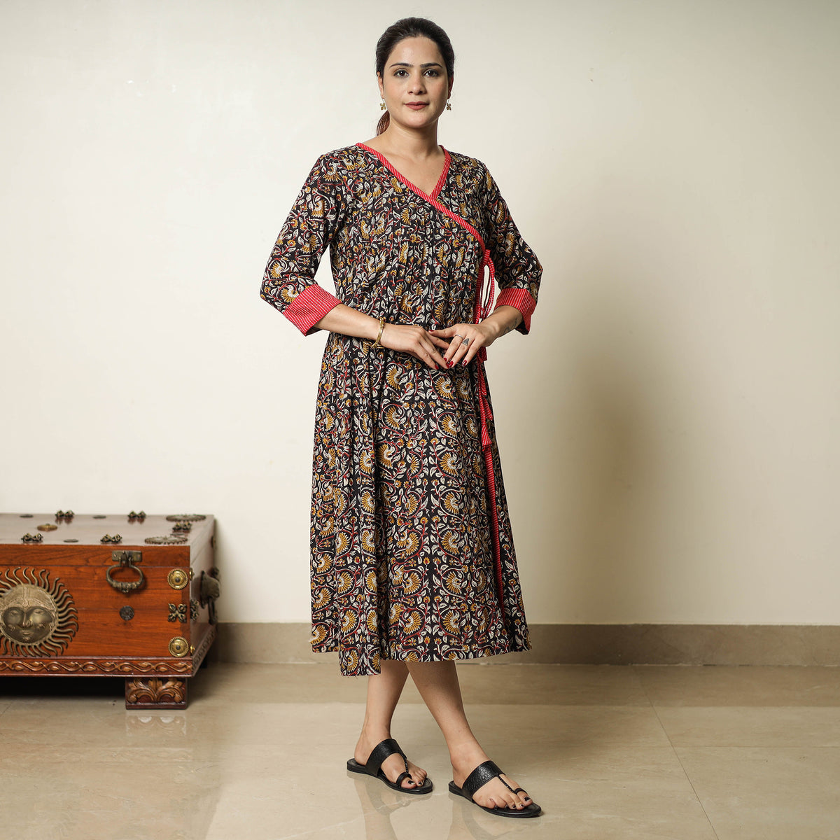 Black - Bagru Block Printed Cotton Angrakha Flared Dress 09