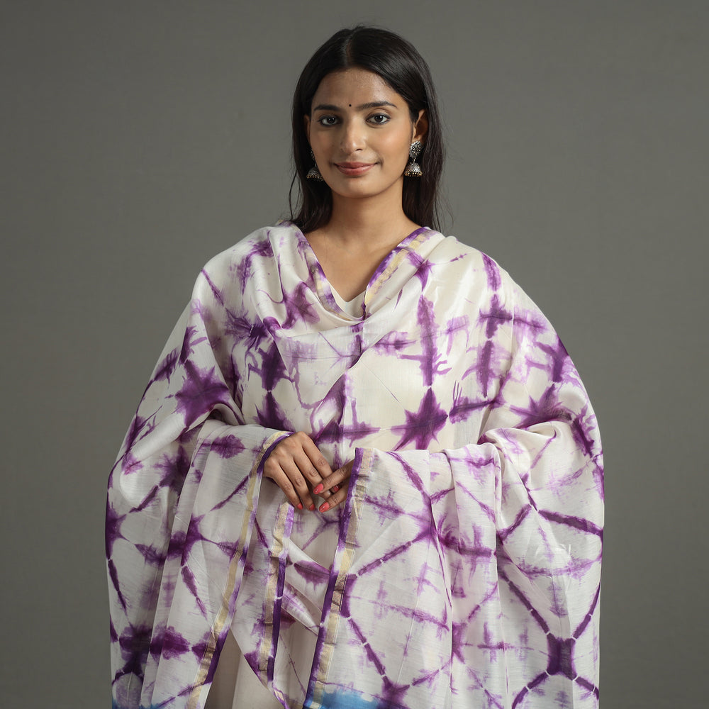 Purple - Shibori Tie-Dye Handloom Chanderi Silk Dupatta with Zari Border 53