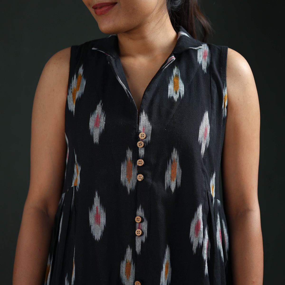 Pochampally Ikat Cotton Sleeveless Buttoned Down Long Dress for Women 12