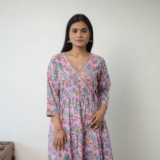 Pink - Block Print Cotton A-Line Sanganeri Kurta 01