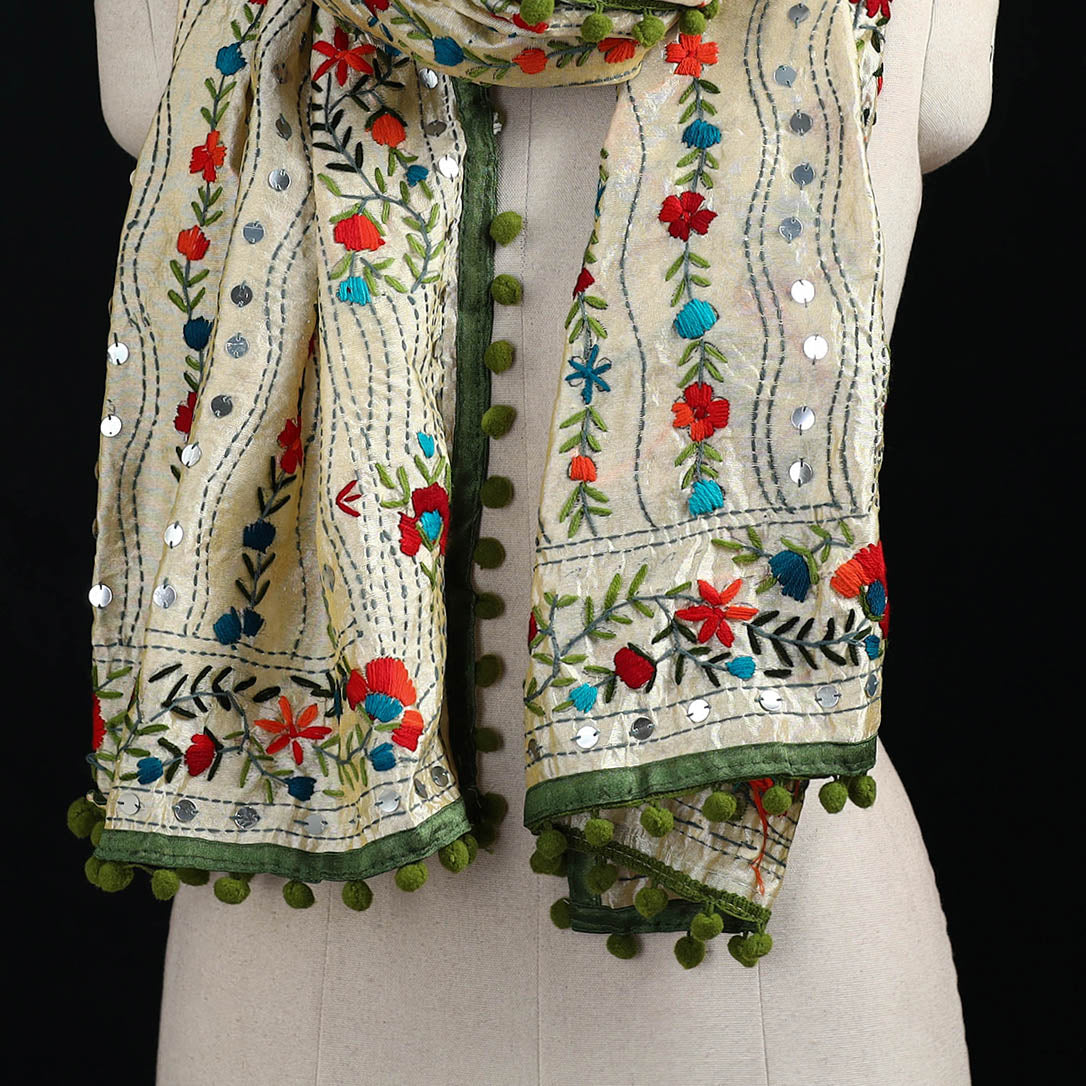 Ranihati Chanderi Silk Hand Embroidered Stole with Pom Pom 186