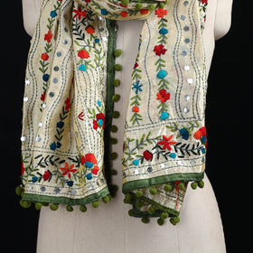 Ranihati Chanderi Silk Hand Embroidered Stole with Pom Pom 186
