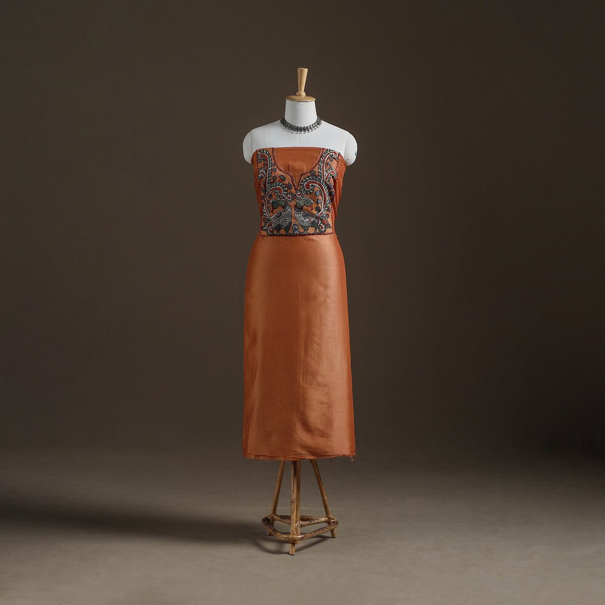 Orange - Handpainted Srikalahasti Handloom Chanderi Silk Unstitched Kurta (2.3M) 11