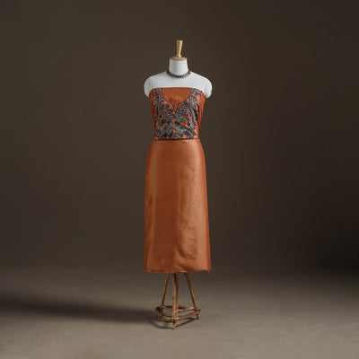 Orange - Handpainted Srikalahasti Handloom Chanderi Silk Unstitched Kurta (2.3M) 11